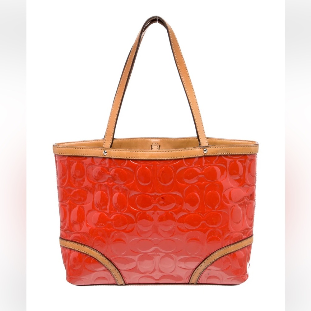 Coach Orange Patent Tote with Top Handle Tan Leather Trim - Picture 4 of 8